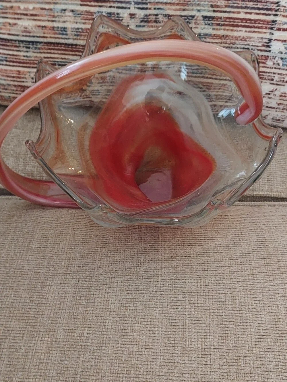 Murano Vintage Glass Basket Orange/Cream  Perfect Condition I PACK GLASS WELL!